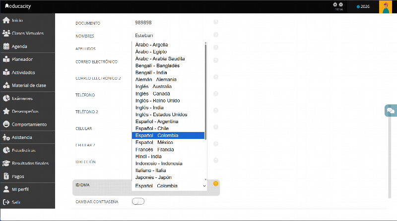 Lista desplegable con más de veinte combinaciones de idioma y país.