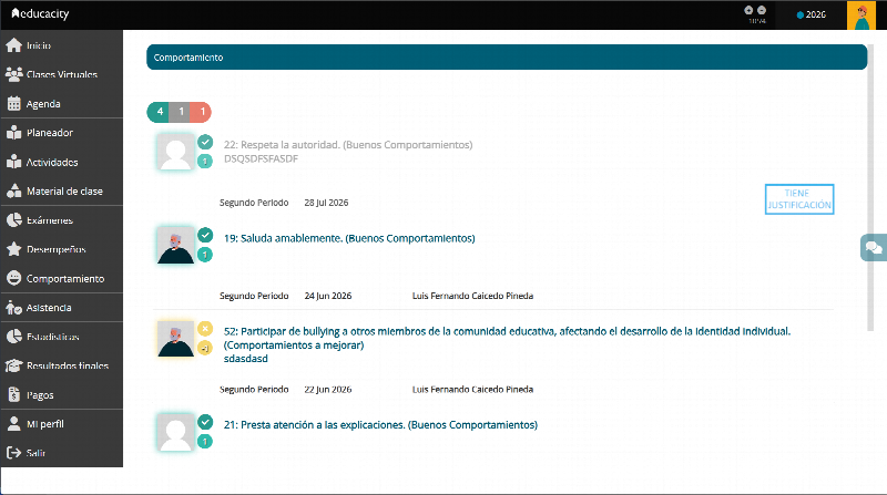 Registro de convivencia de un estudiante en educa.city: anotaciones tipificadas con fecha, docente, puntaje y descargo.