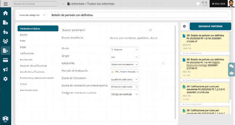 Generador de informes de educa.city: selector de informe, secciones, parámetros y cola de archivos generados.